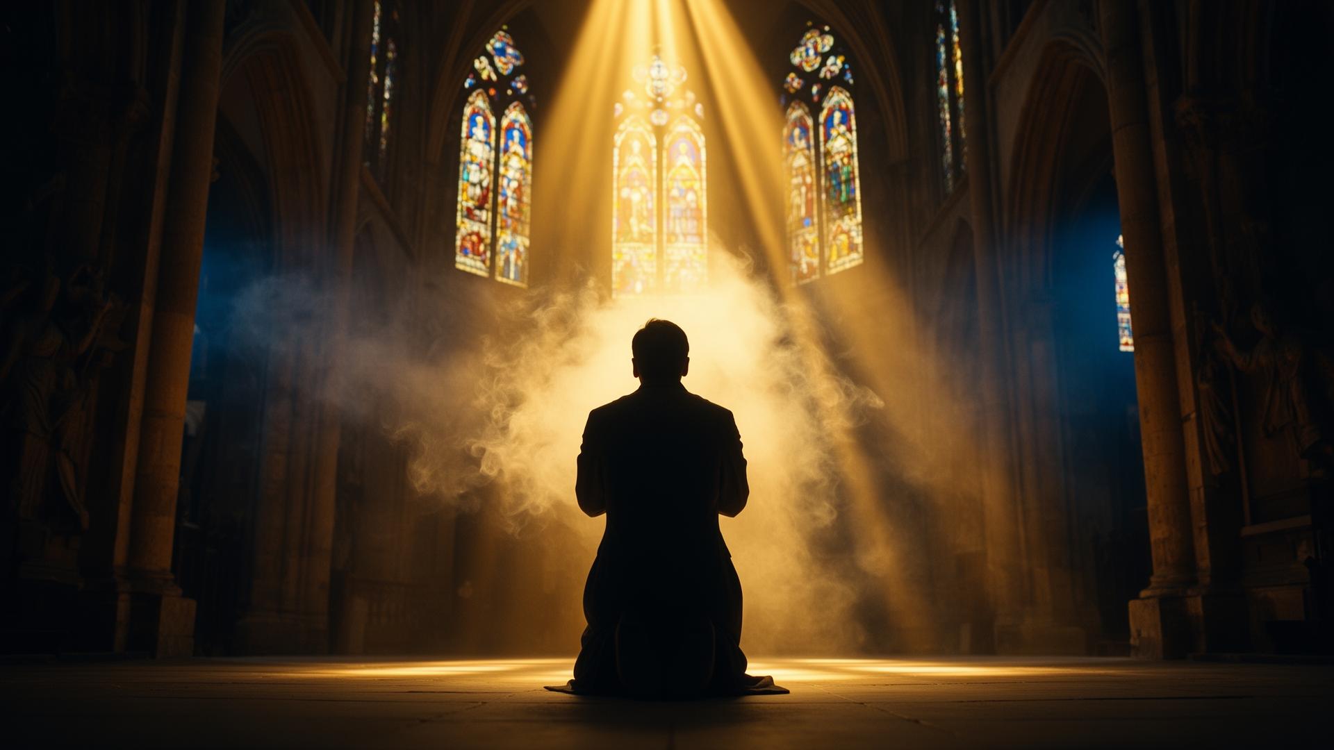 Silueta en oración bajo la luz divina dorada
